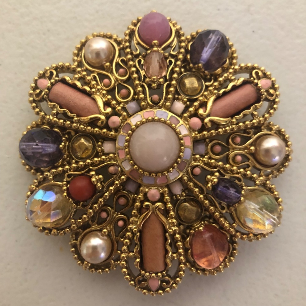 Joan Rivers Filigree Brooch Mogul Style Rare Pastel Pink Purple Flower Shape